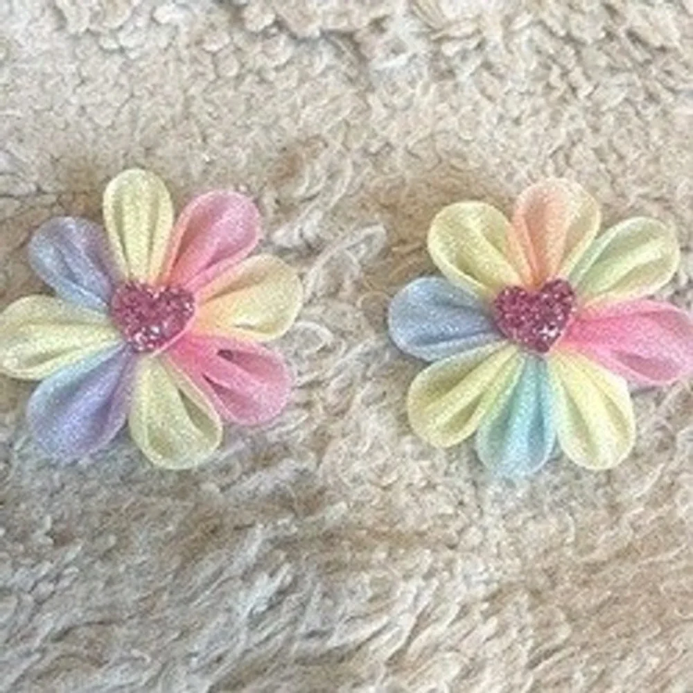 Pastel Rainbow Fabric Flower Hair Clips Glitter Heart Kids Alligator Clips 2pc